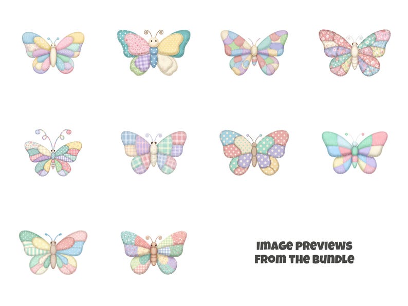 Peut inclure: Plusieurs illustrations de papillons aux couleurs pastel. Chaque papillon pr&eacute;sente un motif patchwork avec divers motifs et couleurs, dont le rose, le bleu, le jaune et le vert. Le texte "IMAGE PREVIEWS FROM THE BUNDLE" est inclus.