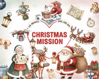 May include: A digital illustration with a Christmas theme, featuring Santa Claus, Mrs. Claus, reindeer, and various holiday elements. The words "Christmas Mission" are prominently displayed. Includes a drone with a gift.