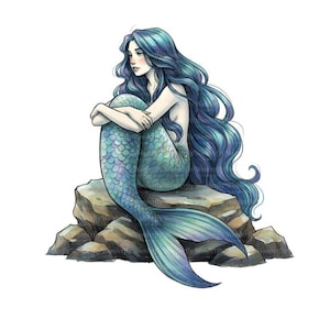Può includere: Illustrazione ad acquerello di una sirena con lunghi capelli blu fluenti e una coda verde acqua, seduta su una roccia. La sirena abbraccia le ginocchia, con un'espressione serena. L'opera d'arte ha una qualità morbida e sognante.