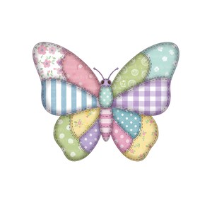 Peut inclure: Illustration d'un papillon color&eacute; avec un motif patchwork. Les ailes du papillon sont compos&eacute;es de divers motifs, notamment floraux, ray&eacute;s, &agrave; pois et vichy, dans des tons pastel de rose, bleu, vert, jaune et violet. L'image est sur fond blanc.