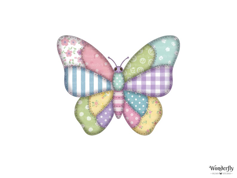 Peut inclure: Illustration d'un papillon color&eacute; avec un motif patchwork. Les ailes du papillon sont compos&eacute;es de divers motifs, notamment floraux, ray&eacute;s, &agrave; pois et vichy, dans des tons pastel de rose, bleu, vert, jaune et violet. L'image est sur fond blanc.
