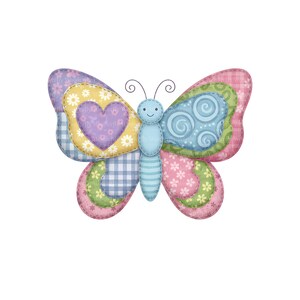 Peut inclure: Illustration d'un papillon patchwork color&eacute;. Les ailes pr&eacute;sentent divers motifs, dont des c&oelig;urs, des fleurs et du vichy, dans des tons de rose, bleu, jaune et vert. Le papillon a un corps bleu clair et des antennes.
