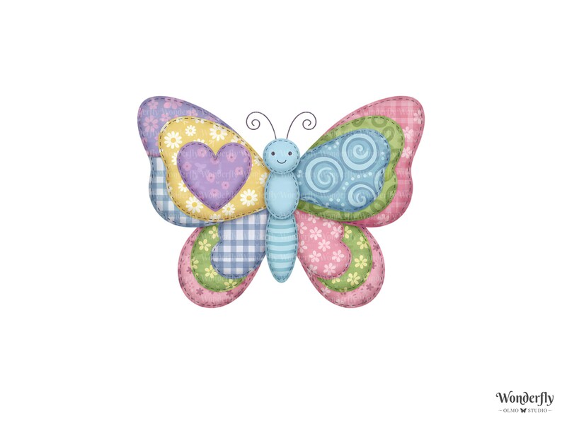 Peut inclure: Illustration d'un papillon patchwork color&eacute;. Les ailes pr&eacute;sentent divers motifs, dont des c&oelig;urs, des fleurs et du vichy, dans des tons de rose, bleu, jaune et vert. Le papillon a un corps bleu clair et des antennes.