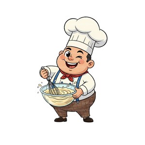 Op de afbeelding: Een cartoon illustratie van een kok die knipoogt terwijl hij ingrediënten in een kom klopt. De kok draagt een witte hoed, overhemd en schort met een rode halsdoek en bruine broek. De kom bevat een lichtgele mix.