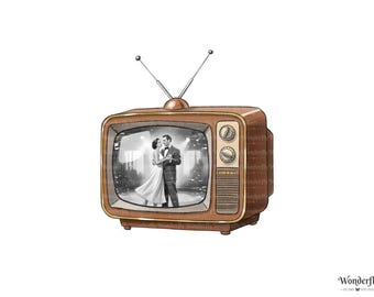 May include: Watercolor illustration of a vintage television set. The TV is brown with a copper antenna and knobs. The screen displays a black and white image of a couple dancing. The image is set against a white background.