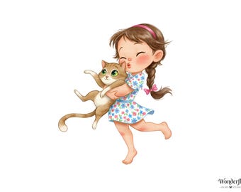 11 Young Girl With Lovely Cat Clipart: Playful PNGs (Digital Download)