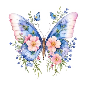 10 Floral Butterfly Clipart, Wildflowers, Printable Watercolor Clipart, High Quality PNG, Digital Download, Paper Craft, Junk Journal