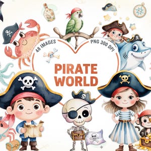 May include: Watercolor illustration with a pirate theme. Features cartoon pirates, a parrot, a shark, and other sea creatures. The text "PIRATE WORLD" is displayed in the center. Includes a pirate flag and treasure chest.