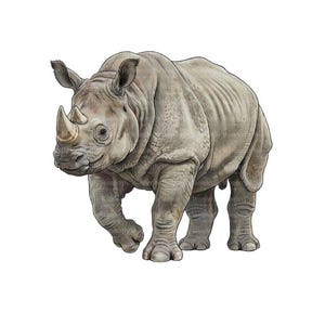 Puede incluir: Ilustración detallada de un rinoceronte, representado en tonos grises y beige, caminando hacia adelante. El cuerno del rinoceronte es de color beige claro y el animal tiene una piel texturizada. La imagen está sobre un fondo blanco, resaltando la forma del rinoceronte.
