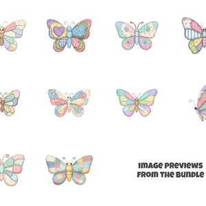 Peut inclure: Plusieurs illustrations de papillons aux couleurs pastel, avec des ailes en patchwork. Chaque papillon pr&eacute;sente un motif unique de rose, bleu, jaune et vert. Le texte "IMAGE PREVIEWS FROM THE BUNDLE" est affich&eacute; en caract&egrave;res fonc&eacute;s.
