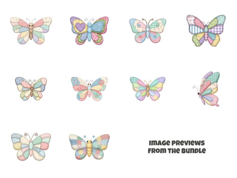 Peut inclure: Plusieurs illustrations de papillons aux couleurs pastel, avec des ailes en patchwork. Chaque papillon pr&eacute;sente un motif unique de rose, bleu, jaune et vert. Le texte "IMAGE PREVIEWS FROM THE BUNDLE" est affich&eacute; en caract&egrave;res fonc&eacute;s.