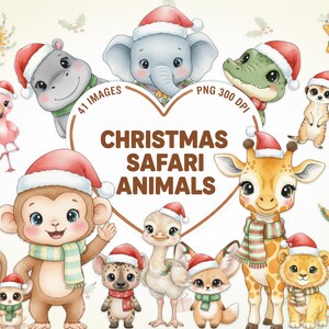 Può includere: Un'illustrazione digitale con animali safari natalizi. L'immagine presenta vari animali, tra cui una giraffa, un leone, un elefante e una scimmia, tutti con cappelli e sciarpe di Babbo Natale. Il testo "Christmas Safari Animals" è visualizzato al centro.
