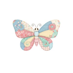 Peut inclure: Illustration d'un papillon aux ailes en patchwork dans des tons pastel. Les ailes pr&eacute;sentent des motifs floraux et &agrave; pois, et le corps est &agrave; carreaux. Le papillon a de fines antennes. Le design est doux et fantaisiste.