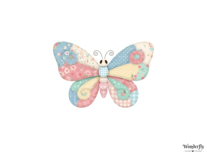 Peut inclure: Illustration d'un papillon aux ailes en patchwork dans des tons pastel. Les ailes pr&eacute;sentent des motifs floraux et &agrave; pois, et le corps est &agrave; carreaux. Le papillon a de fines antennes. Le design est doux et fantaisiste.