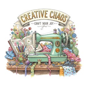 Op de afbeelding: Illustratie van een vintage mintgroene naaimachine met de tekst "CREATIVE CHAOS - CRAFT YOUR JOY" erboven. De afbeelding bevat garen, stofresten, knopen en een schetsboek, wat wijst op een knutselthema.