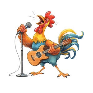 Op de afbeelding: Kleurrijke illustratie van een haan die in een microfoon zingt terwijl hij een ukelele bespeelt. De haan heeft oranje, gele en blauwe veren, een rode kam en gele poten. De ukelele is bruin en de microfoon is zilver.