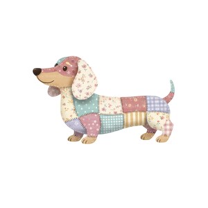 May include: A whimsical dachshund dog figurine with a patchwork design. The dog features a mix of floral, gingham, and striped patterns in pastel colors. The ears and face are a soft pink, and the tail is a light blue.