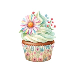 May include: Watercolor illustration of a cupcake with pastel green frosting, adorned with a large, multi-colored daisy and small red and blue flowers. The cupcake sits in a floral patterned wrapper, creating a whimsical and artistic design.