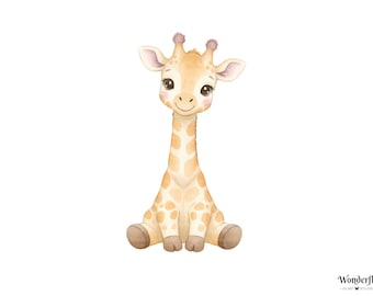 Set de 38 imágenes prediseñadas de jirafas bebés en acuarela: PNG de animales para decoración infantil, invitaciones y álbumes de recortes.