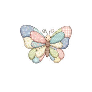 Peut inclure: Illustration d'un papillon fantaisiste aux ailes en patchwork aux couleurs pastel. Les ailes pr&eacute;sentent divers motifs, dont des motifs floraux, &agrave; pois et vichy. Le papillon a un visage souriant et un corps brun. L'image est sur fond blanc.
