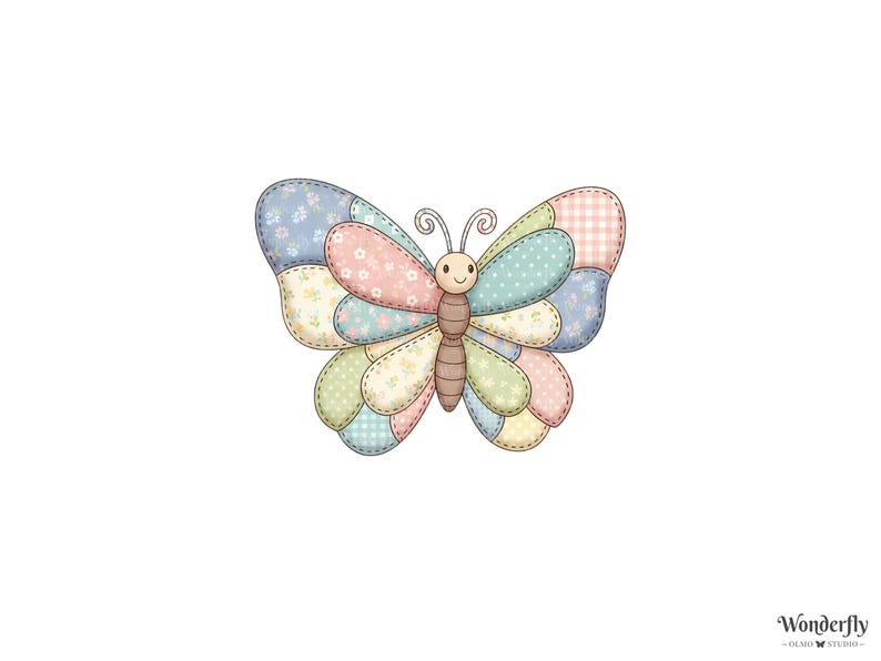Peut inclure: Illustration d'un papillon fantaisiste aux ailes en patchwork aux couleurs pastel. Les ailes pr&eacute;sentent divers motifs, dont des motifs floraux, &agrave; pois et vichy. Le papillon a un visage souriant et un corps brun. L'image est sur fond blanc.