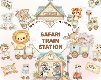 Clipart de estación de tren de animales de safari: 30 PNG para guardería (descarga digital)