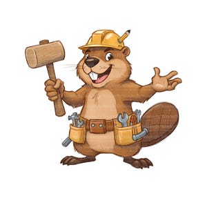 Könnte beinhalten: Ein Cartoon-Biber mit gelbem Helm und Werkzeuggürtel, der einen Holzhammer hält. Der Biber hat einen freundlichen Ausdruck und ist von Werkzeugen umgeben, was auf ein Bau- oder Handwerker-Thema hindeutet.