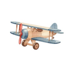 May include: A watercolour illustration of a wooden toy aeroplane. The biplane has a light brown body, blue wings and tail, and a red propeller. The wheels are brown. The image is set against a white background.