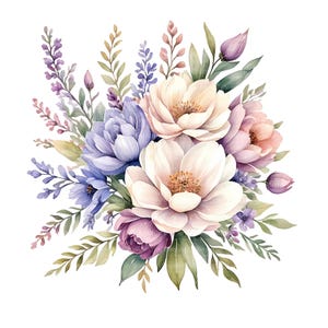 20 Purple Flowers Bouquet Clipart, Violet Floral, Printable Watercolor Images, High Quality PNG, Digital Download, Paper Craft, Junk Journal