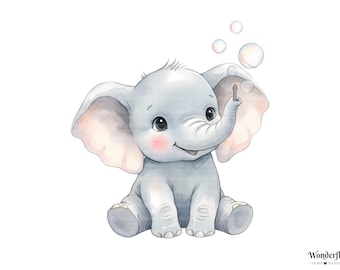 10 cliparts aquarelle bébé éléphant : PNG pour chambre d'enfant (téléchargement numérique)