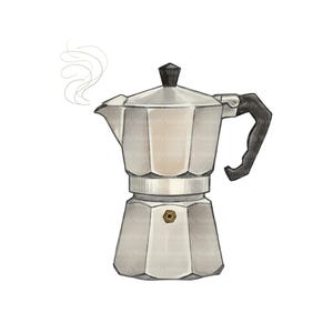 Puede incluir: Ilustración de una cafetera italiana plateada con asa y tapa negras. Sale vapor de la boquilla, sugiriendo café recién hecho. El diseño se centra en el acabado metálico y la forma clásica de la cafetera.