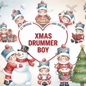 May include: Watercolor illustrations of Christmas drummer boys in red and blue uniforms, with a snowman, gifts, and a Christmas tree. The image includes the text "XMAS DRUMMER BOY" and "Merry Christmas".