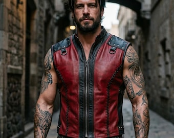 Handmade Men Leather Vest Red Cowhide Studded Biker Waistcoat Two Tone Stand Collar Leather Vest For Men Custom Fit Gothic Vest Outfit