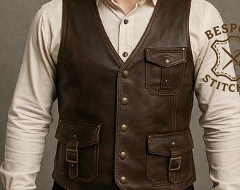 Handmade Genuine Leather Vest Men Brown Leather Biker Vest Western Cowboy Waistcoat Custom Fit Leather Vest with Pockets Rustic Workwear