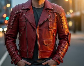 Handmade Men’s Genuine Leather Jacket | Custom Red Armored Biker Coat | Personalized Cosplay Streetwear | Tailored Shoulder Plate Style