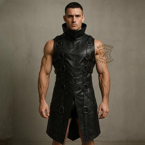 Long Black Leather Duster Vest for Men | Gothic Steampunk Tailcoat | Custom Cowhide Leather Outfit | Festival, Fashion, Cosplay Wear