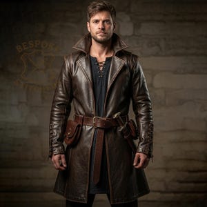 Handmade Men’s Genuine Leather Medieval Coat | Custom Renaissance Trench Coat | Tailored Fantasy Cosplay Jacket | Vintage Brown Armor Style