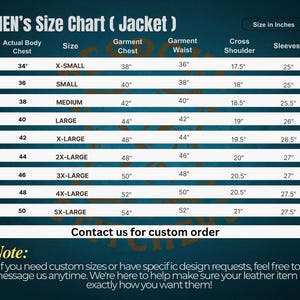 May include: A size chart for jackets, with measurements in inches. The chart includes sizes from X-Small to 5X-Large, detailing actual body chest, garment chest, waist, shoulder, and sleeve lengths. Text at the bottom encourages custom orders.
