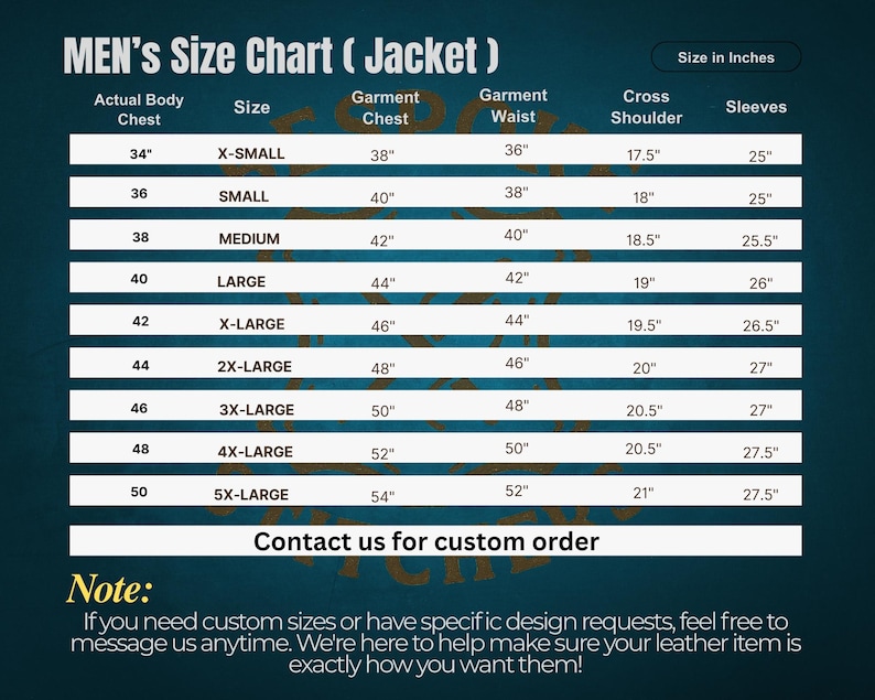 May include: A size chart for jackets, with measurements in inches. The chart includes sizes from X-Small to 5X-Large, detailing actual body chest, garment chest, waist, shoulder, and sleeve lengths. Text at the bottom encourages custom orders.