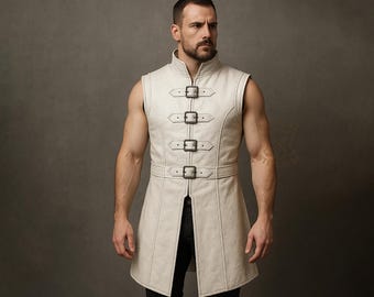 White Leather Warrior Vest for Men | Medieval Sleeveless Tunic | Renaissance LARP Costume | Cosplay Armor Vest | Custom Leather Jacket