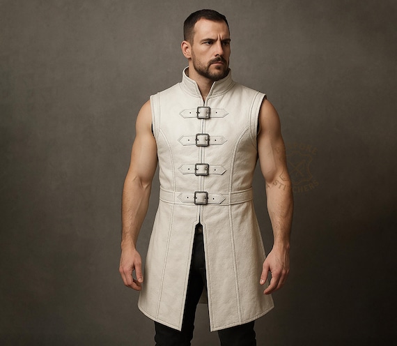 White Leather Warrior Vest for Men | Medieval Sleeveless Tunic | Renaissance LARP Costume | Cosplay Armor Vest | Custom Leather Jacket