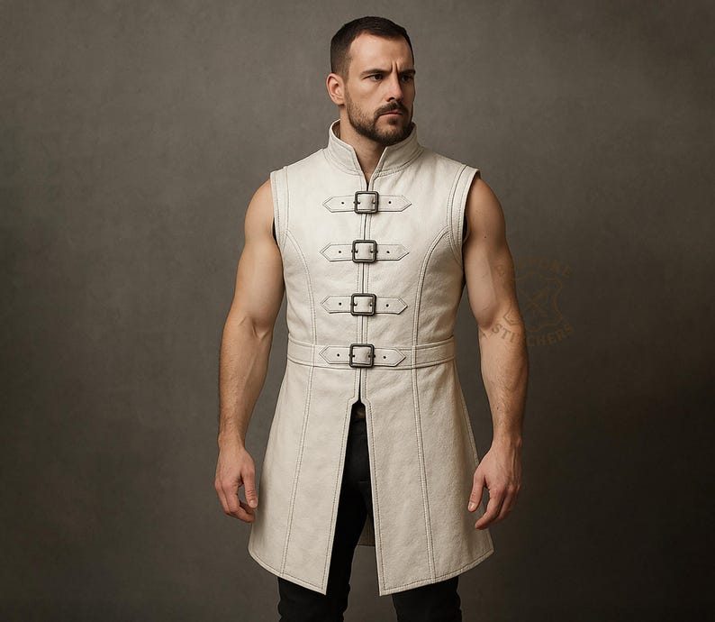 May include: Cream-colored leather vest with a high collar and sleeveless design. The vest features four decorative buckles down the front and a belt around the waist. The stitching is visible, and the vest has a tailored fit.