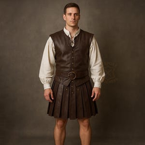 Medieval Leather Warrior Vest & Kilt Set for Men – Handmade Real Brown Cowhide Armor | Custom Renaissance LARP Cosplay Outfit
