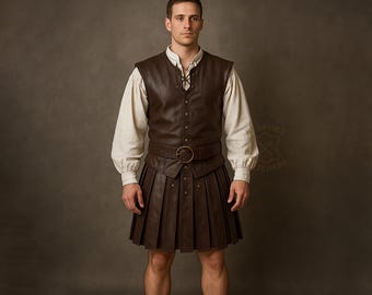 Medieval Leather Warrior Vest & Kilt Set for Men – Handmade Real Brown Cowhide Armor | Custom Renaissance LARP Cosplay Outfit