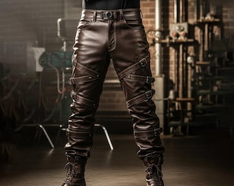 Handmade Men Leather Strap Pants Brown Cowhide Biker Leather Trousers Custom Personalized Steampunk Streetwear Pants For Men