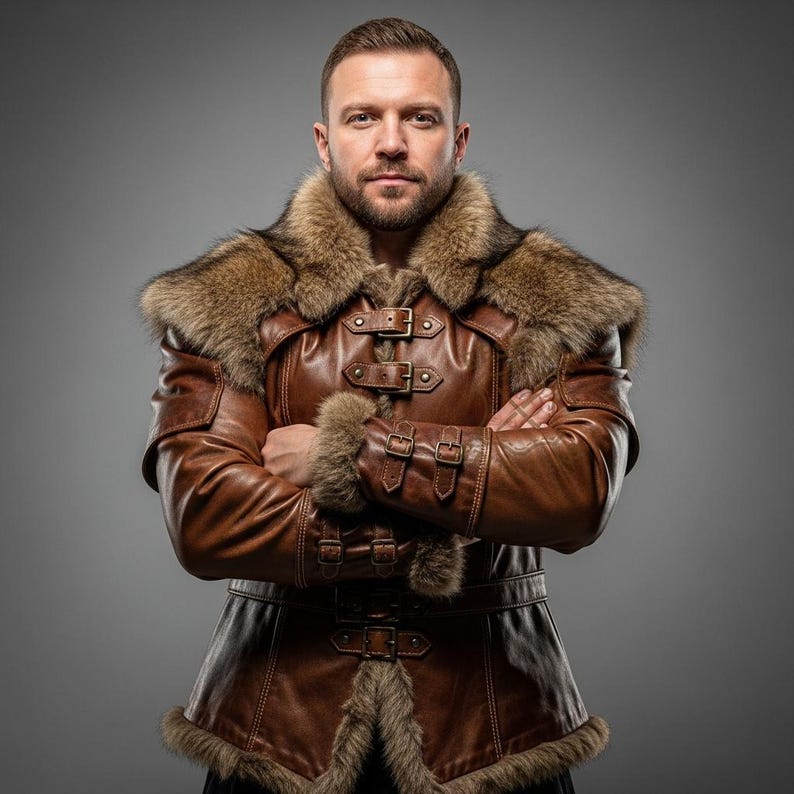 May include: A brown leather jacket with fur trim around the collar, cuffs, and hem. The jacket features multiple buckles and a belt. The person is wearing the jacket with their arms crossed.