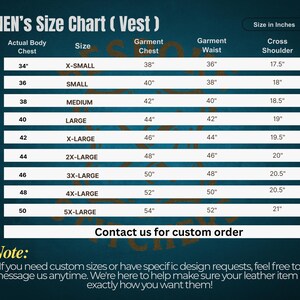 Puede incluir: Tabla de tallas de chaleco con medidas en pulgadas. La tabla incluye tallas desde X-Small hasta 5X-Large, detallando pecho real, pecho de la prenda, cintura y hombros. Texto al final para pedidos personalizados.