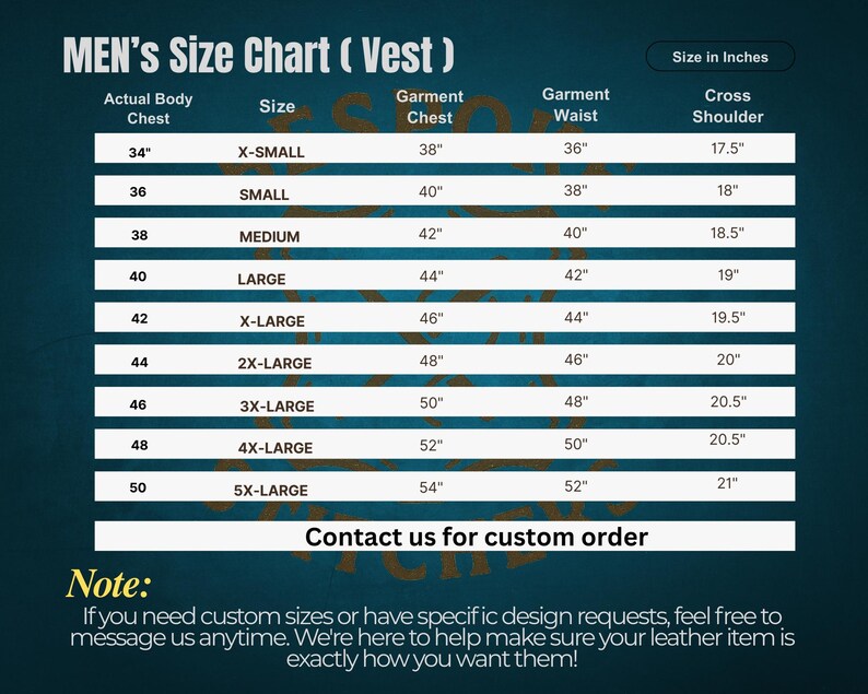Puede incluir: Tabla de tallas de chaleco con medidas en pulgadas. La tabla incluye tallas desde X-Small hasta 5X-Large, detallando pecho real, pecho de la prenda, cintura y hombros. Texto al final para pedidos personalizados.