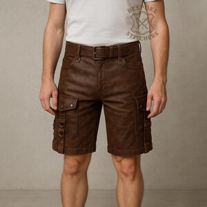 Custom Made Brown Leather Steampunk Shorts for Men | Handmade Gothic Festival Cosplay Bottoms