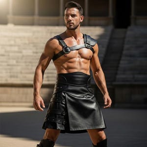 Puede incluir: Arnés y kilt de cuero negro. El arnés presenta correas para los hombros y una correa para el pecho con una hebilla circular grande. El kilt tiene un diseño envolvente con múltiples correas y hebillas. El atuendo lo lleva una persona de pie al aire libre.